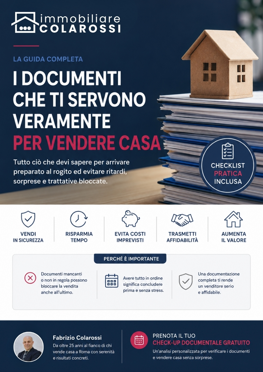 Questa immagine rappresenta la copertina della guida contenente la Check List dei documenti indispensabili per vendere casa. Interamente realizzata da Fabrizio Colarossi responsabile dell'agenzia immobiliare colarossi di colli aniene