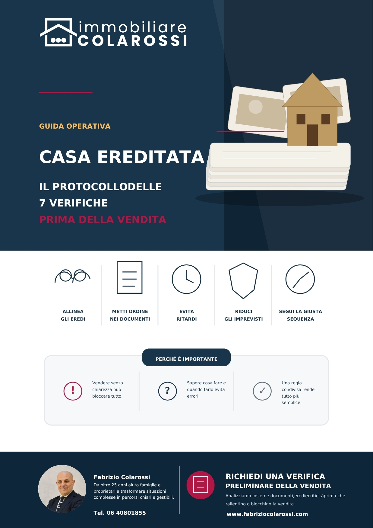 Questa immagine rappresenta la nostra guida per vendere una casa ricevuta in eredità La Guida è stata studiata e scritta interamente dal titolare Fabrizio Colarossi che con i suoi 28 anni di esperienza mette in questo modo a disposizione di tutti le competenze accumulate in carriera.