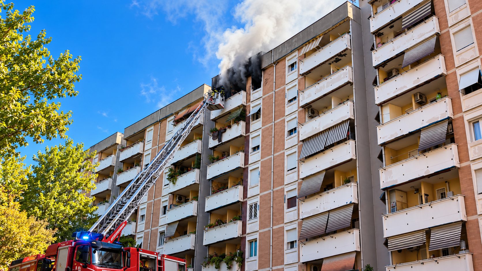 Vigili del Fuoco con autoscala davanti a un condominio durante un incendio in appartamento, con fumo che esce dai piani alti.