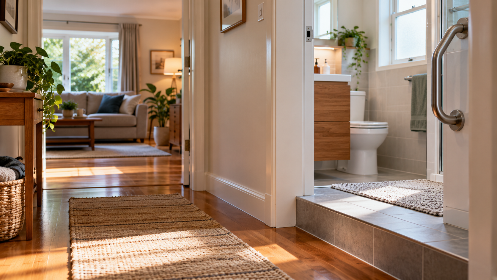 Corridoio di casa con tappeti e accesso al bagno, elementi da considerare nella prevenzione delle cadute domestiche.
