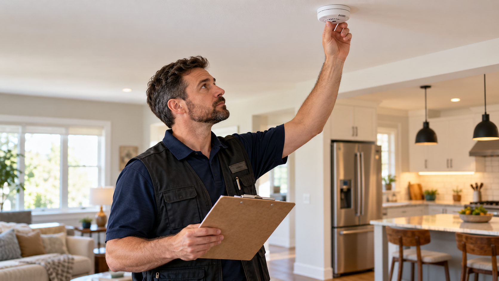Professionista controlla un rilevatore di fumo installato sul soffitto di un’abitazione.