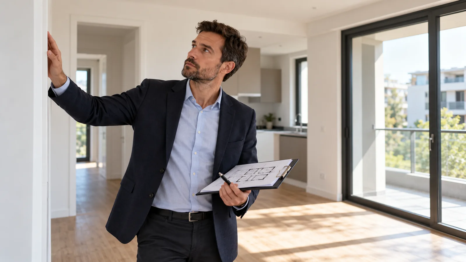 Agente immobiliare durante il sopralluogo di un appartamento osserva una parete con una planimetria in mano.
