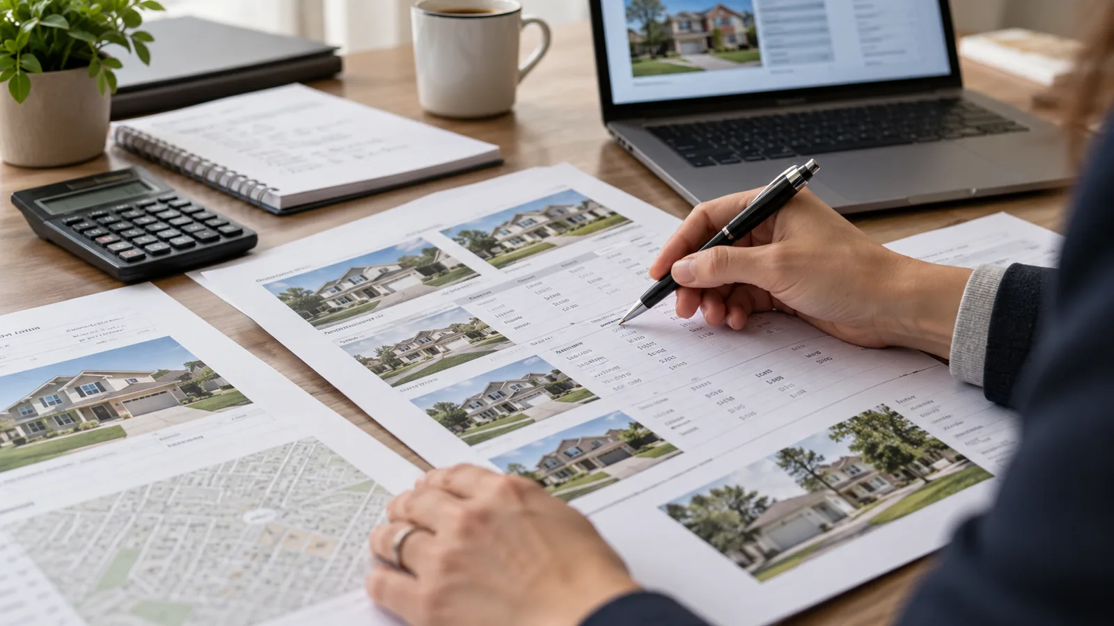 Professionista analizza documenti, immagini e dati di immobili comparabili durante una valutazione immobiliare.