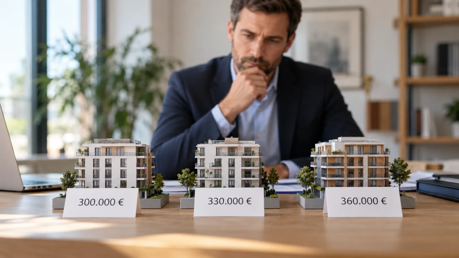 Tre modellini di edifici con valutazioni immobiliari di 300.000, 330.000 e 360.000 euro davanti a un professionista.